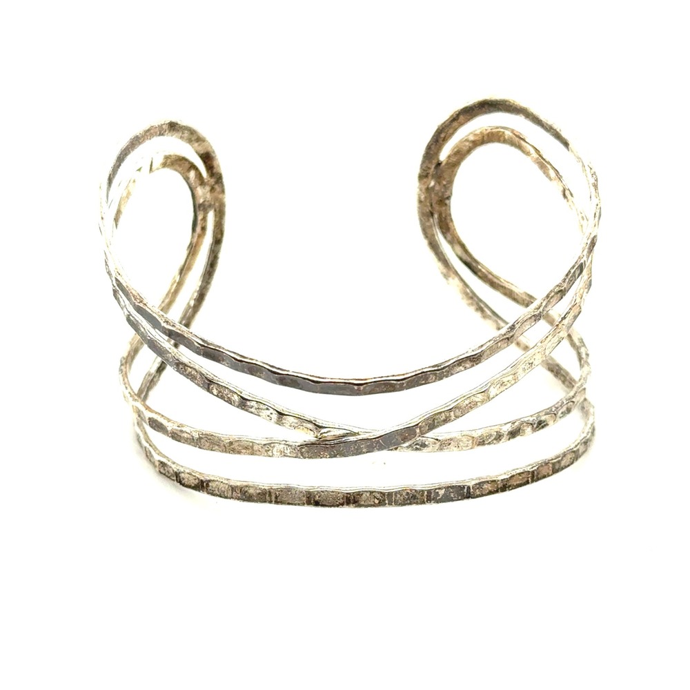 Silvertone Hammered Multi Strand Crossover Cuff Bracelet Boho Statement Jewelry